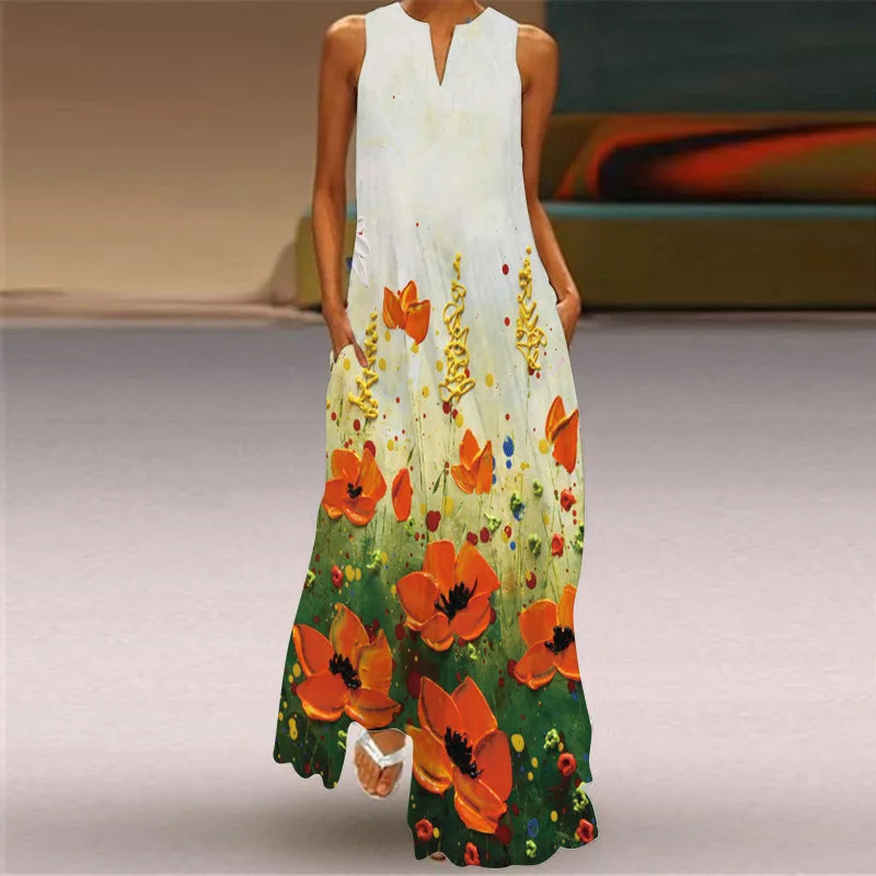 Vintage Print Women Sundress 2023 Summer Fashion V-neck Sleeveless Long Dress Elegant Ladies Maxi Dresses Femme Vestidos