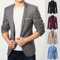 Flap Pockets Long Sleeve Men Blazer Solid Color Single Button Lapel Suit Jacket Male Clothing