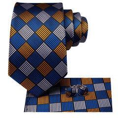 Hi-Tie Plaid Navy Blue Silk Elegant Tie For Men Groom Wedding Men Necktie Pocket Square Cufflink Accessory Wholesale Designer