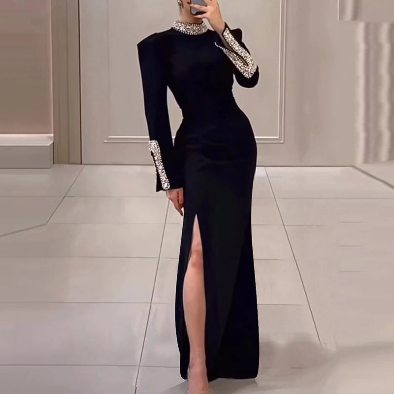 Women's Spring Long Sleeved Slim Banquet Dress Casual Rhinestone Patchwork Dresses Elegant Half High Neck Waist Wrap Hip Dress