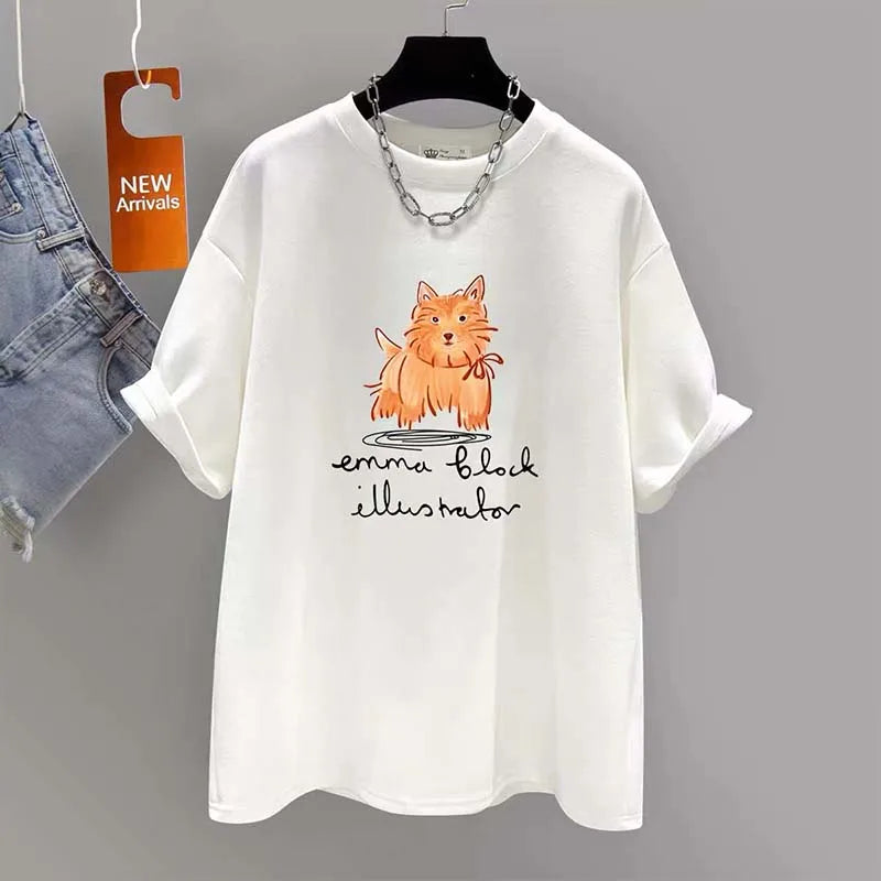 Women's Clothing Cute and Playful Little Dog Print Top Summer Casual Loose Pure Cotton T-shirt Lady Oversized Pullovers 35-105Kg