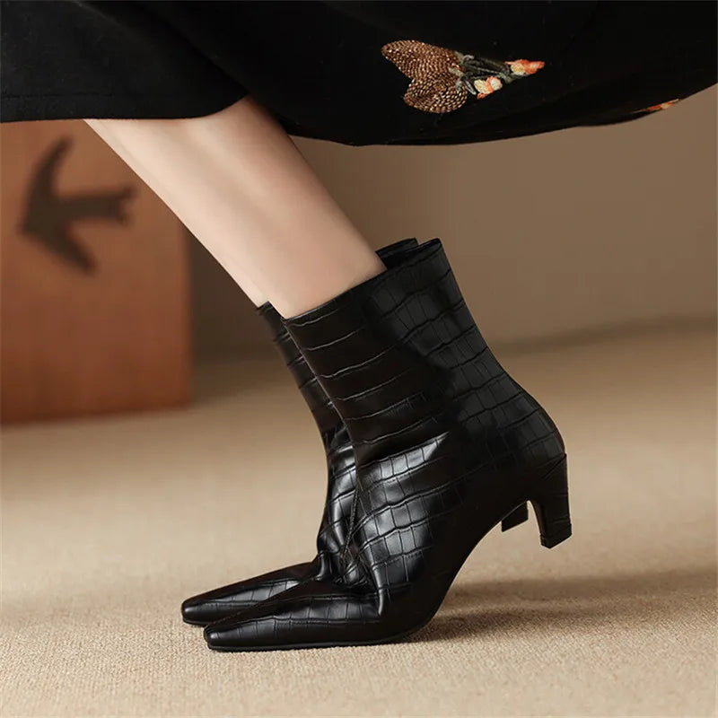 Autumn Winter Split Leather Women Boot Fashion Square Toe Boots for Women Short Boots Ladies Shoes Western Boots Zapatos Mujer