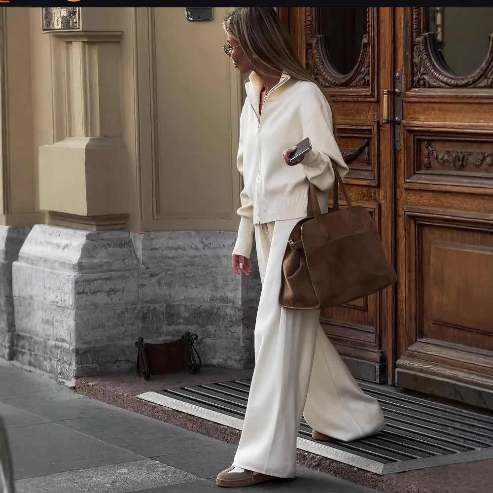 Women Two Piece Set Knit Cardigan Coat Pant Sets Zipper Full Sleeve Casual Wide Leg Pants High Waist Elegant Autumn Winter