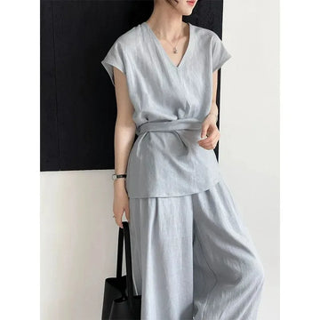 Fashionable Solid Color V-neck High-end Strapped Waist Vest Pullover Loose Wide-leg Pants Two-piece Versatile Set