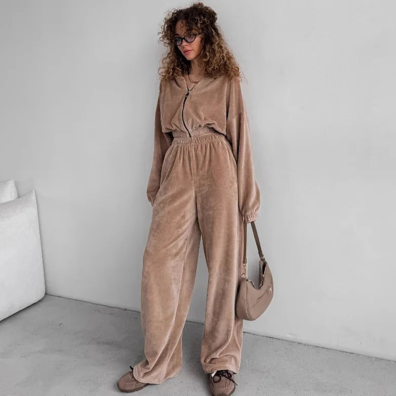 2025 Spring and Autumn New Women's Clothing Fashion Casual Loose Hooded Stand-up Neck Sweater Two-piece Set