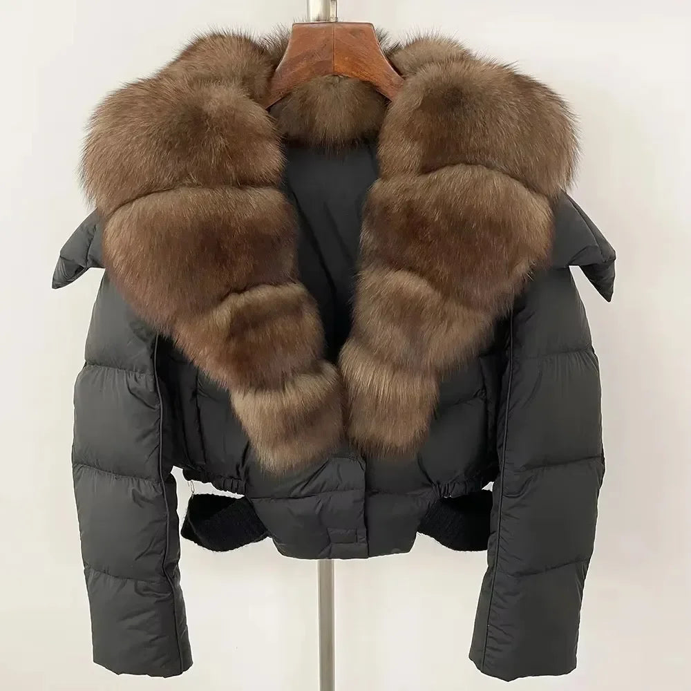 Down Jacket Women White Duck Down Coat Thick Warm Outerwear Natural Real Raccoon Fox Fur Collar Coat 2024 New Winter Hooded