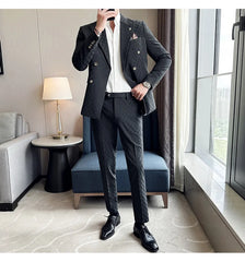 (Jacket+Pants) 2 Pieces Blue Apricot Business Party Men Suits Double Breasted Formal Style Custom Made Wedding Groom Tuxedos