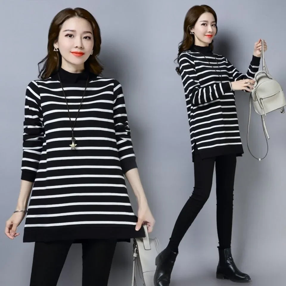 Striped Mock Neck Pullover Sweater For Women Long Length Casual Office Wear A Line Loose Fit Autumn Winter Style