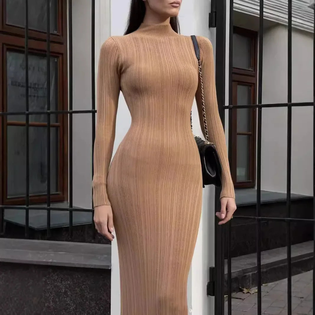 Autumn Winter High Neck Long Sleeve Knitted Dress Elegant French Style Slim Fit Striped Sweater Dress Knee Length Empire Waist