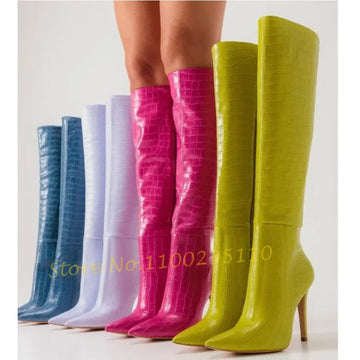 Cow Pattern Pointy Knee High Boots Women Concise Casual Boots Side Zipper Shiny Leather Autumn Fashion Women's Luxury High Boots