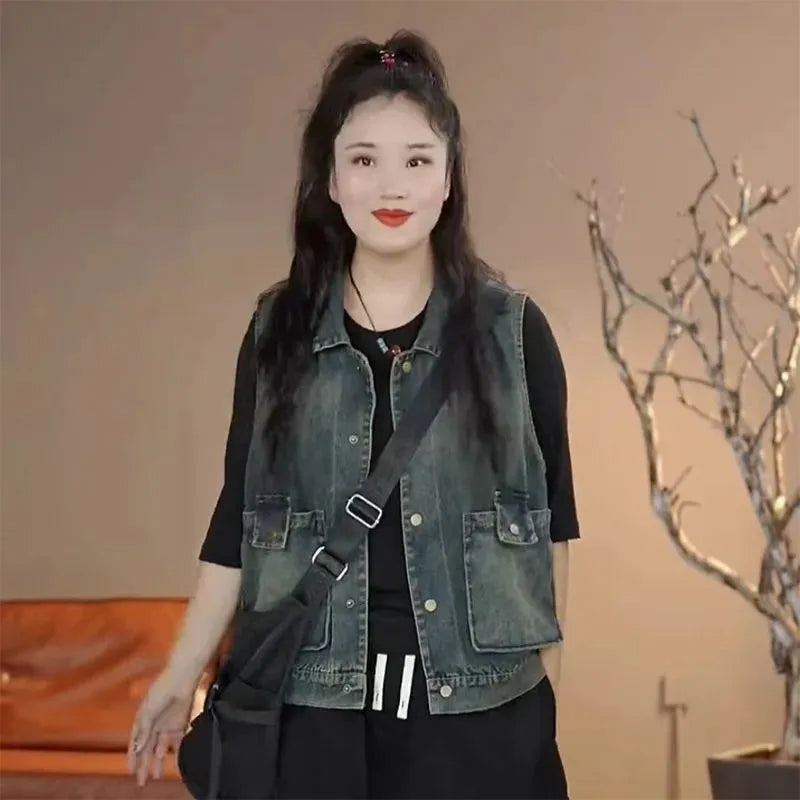 Vintage Denim Vest Women Casual 2025 New Spring And Autumn Fashion Sleeveless Jacket Female Jean Waistcoat Loose Outerwear T1266