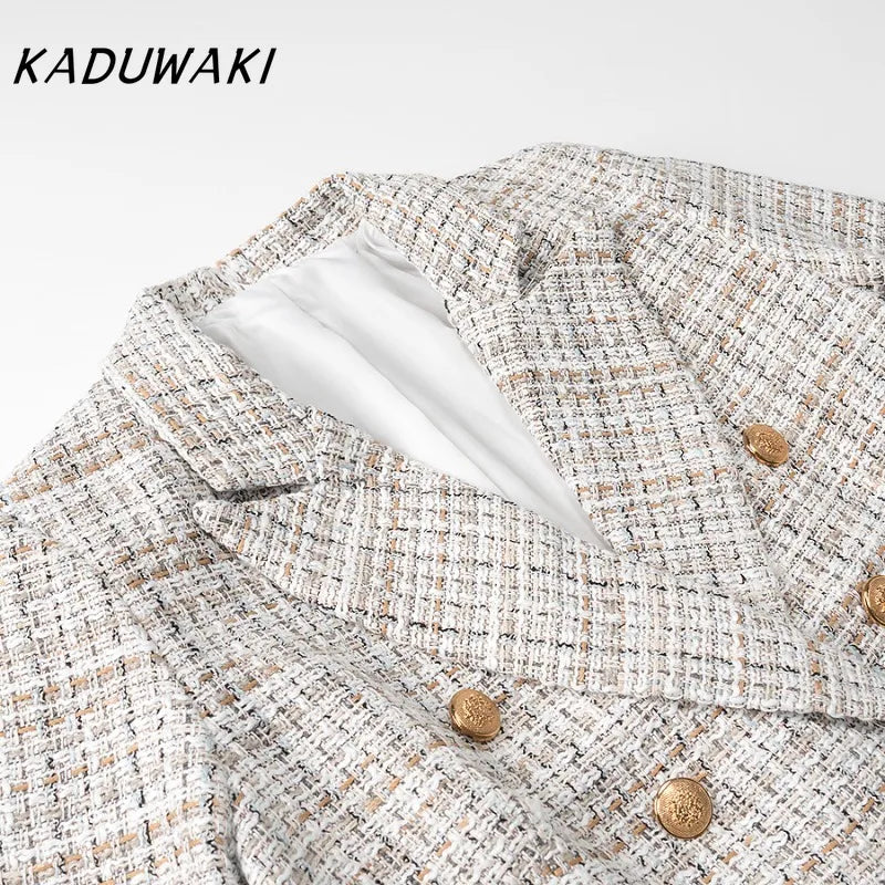 KADUWAKI Spring Vintage Fine Plaid Coat Lapel Long-sleeved Double-breasted Top Side Zipper Culottes Short Spring Two Piece Sets