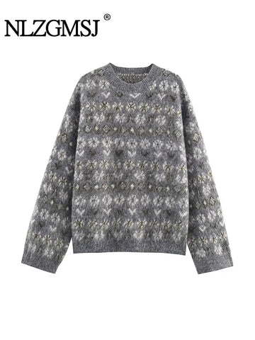 NLZGMSJ Women Sweater 2025 Fall Winter Fashion O-Neck Long Sleeves Printing Sweater Pullover Women Elegant Hight Street Pullover