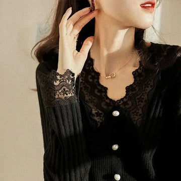 Spring Autumn V-Neck Lace Patchwork Solid Color Sweater Knitted Pullover Long Sleeve Elegant Women's Clothing Classic Tops