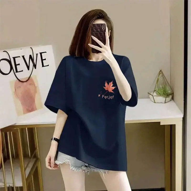 Women Clothing Fashion All-match Maple Leaves Print T-shirt Summer Elegant Loose Pure Cotton Top Tee Lady Short Sleeve Pullovers