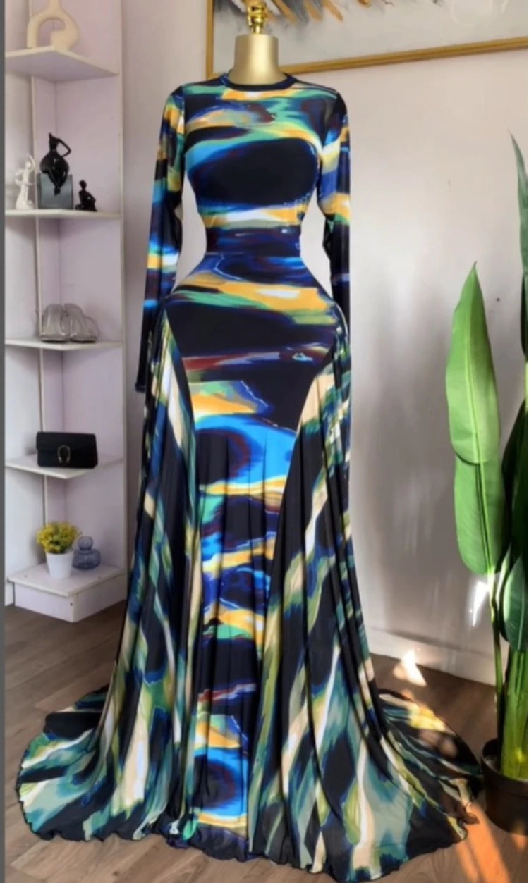 GLCMYAYA Women Tie Dye Long Sleeve A-line Big Swing Floor Length Dress 2026 Birthday Vacation Trendy Street Maxi Dresses Vestido