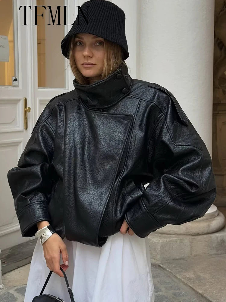 TFMLN 2025 Winter Women Faux Leather Loose Jacket High Street Stand Collar Long Sleeve Coat Fashion Zipper Thicken Outwear