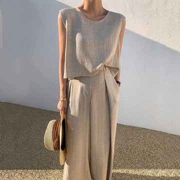 Women's Suits Summer Sleeveless O-Neck Tank Tops Wide Leg Pants Two Piece Sets Female Fashion Casual Solid Loose Suits for women