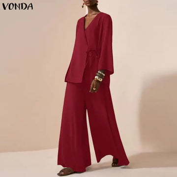 VONDA Women Fashion Pant Sets Lace-up Bandage V-Neck 3/4 Sleeve Shirts and Wide Leg Pants Streetwear Office 2PCS Casual Outfits