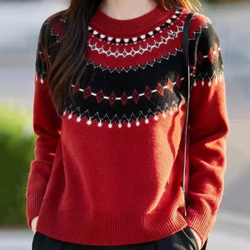 Women's Crew Neck Nordic Pattern Knit Sweater Long Sleeve Casual Warm Pullover Autumn Winter Top