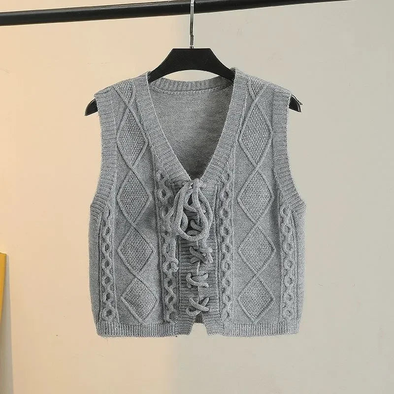 2025 New Autumn Lace-Up Knitted Vest Waistcoat Female Fashion V-Neck Sleeveless Jacket Short Sweater Clothing Women Tops T1118