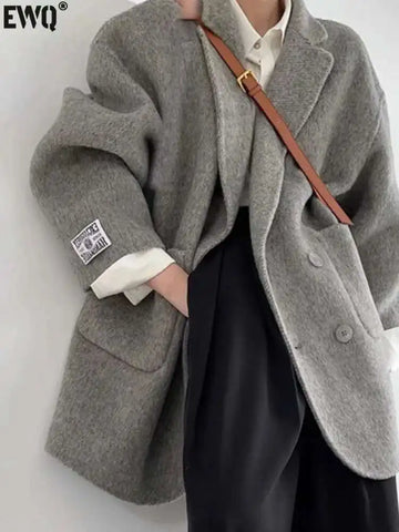[EWQ] Korean Loose Long SleeveTurn-down Collar Solid Woolen Coats Women Double-faced Cashmere Coat Winter 2025 Autumn 16O1639