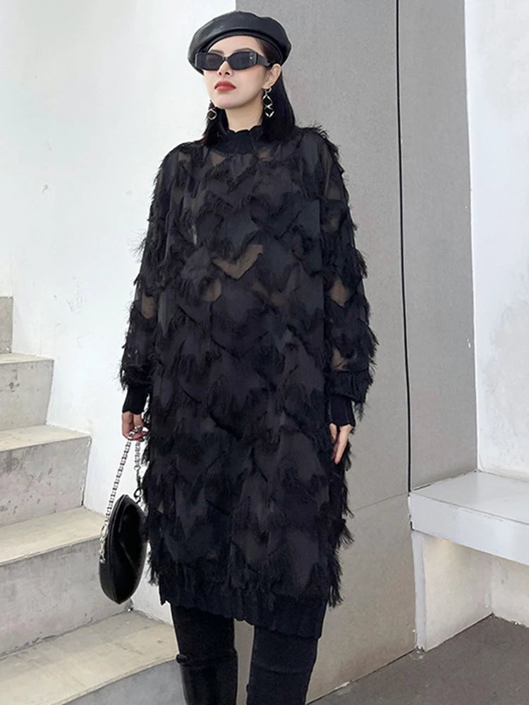 [EAM] Women Black Tassels Perspective Big Size Knee-Length Dress New Turtleneck Long Sleeve Fashion Spring Autumn 2026 1DH8741