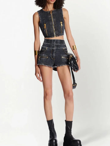 HIGH STREET Newest 2026 Designer Suit Set Women's Zip Denim Tank Tops Stone Wash Shorts Set