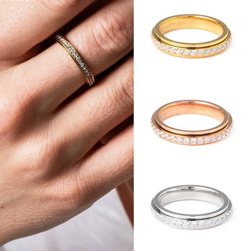 CARLIDANA Rotating Finger Spinner Ring Spinning Fidget Anti Anxiety  Gold Plated Zircon Titanium Steel Women Wedding Ring