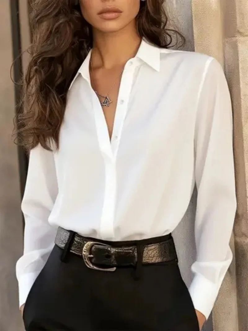 Women's  Long Sleeve Button Down Blouse - Elegant Office Chic Top with Classic Collar & Versatile Style
