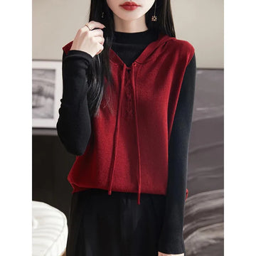 Spring Autumn New Chic Chinese Style Hooded Knit Vest Women Clothing Casual Loose All-match Solid Tanks Lady Sleeveless Top Tees