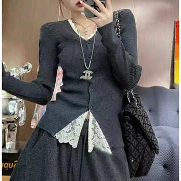 Knitted Sweater Women Cardigans New Long Sleeve V-Neck Slim Lace Knit Sweater Cardigan Women Tops Knitwears Women Clothing Q1404