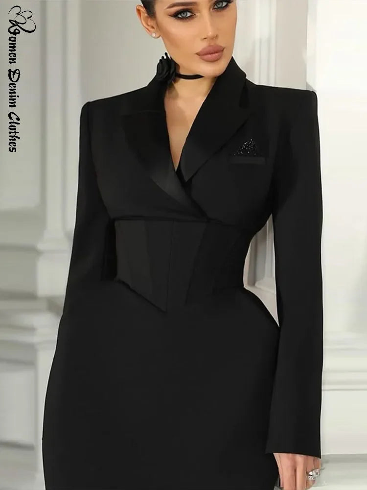 Casual Waist-cinched Blazer Dress Women V-neck Full Sleeve Slim Solid Mini Dresses Female 2026 Fashion Spring Lady Evening Robes