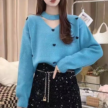 Women's Clothing Elegant Chic Halter Knit Pullovers Autumn Winter Casual Loose Long Sleeve Love Sweaters Office Lady Y2k Tops
