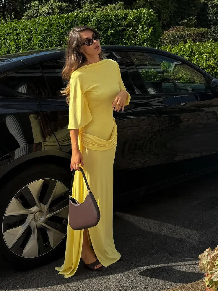 Women's Solid Yellow Backless Maxi Dress Elegant Split Slim Fit Pleated Half Sleeve Long Dresses 2025 High Street Summer Gowns