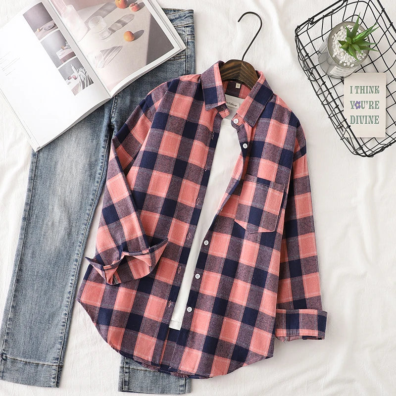 Quality Flannel Women's Plaid Shirt 2024 Autumn New Ladies Casual Loose Long Sleeve Blouses and Tops Female Checkered Clothes