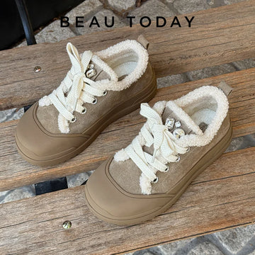 BEAUTODAY Furry Shoes Women Cow Suede Leather Round Toe Lace-up Crystal Decor Winter Warm Plush Ladies  Casual Flats  22817