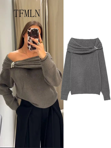 TFMLN Casual Chic Women Sweaters Elegant Solid Slash Neck Long Sleeve Knitted Pullovers Fashion Ladies 2025 Autumn Sweater