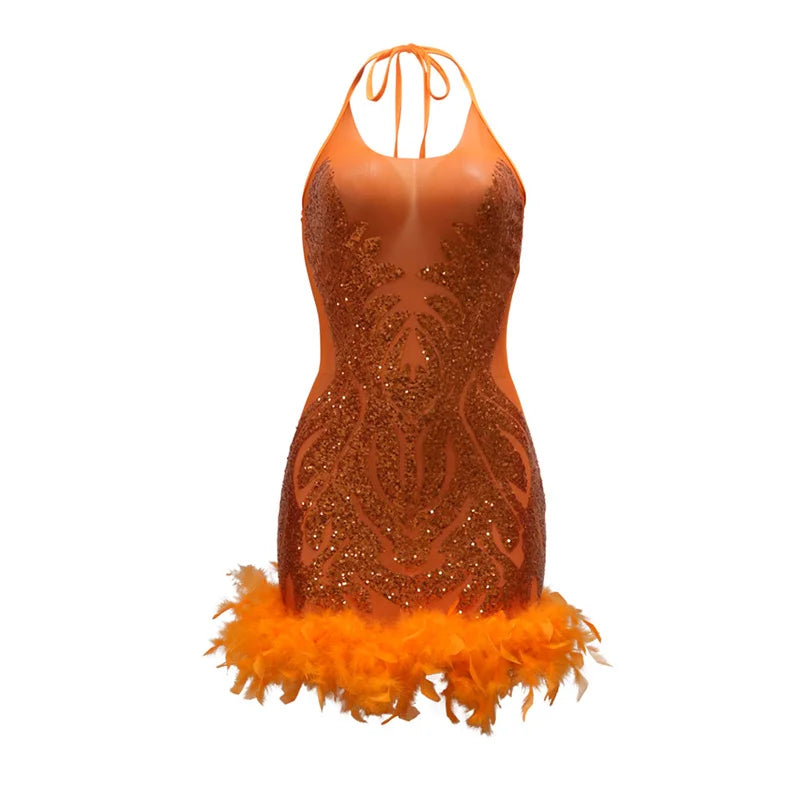 Fashion Fluffy Feathers Splice Hem Women Wrap Hip Gown Hanging Neck Backless Dress Sequins Decoration Female See-through Dresses