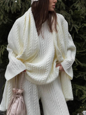 Solid Knitted Women Straight Leg Pants Suit Casual Scarf Full Sleeve High Collar Loose Sweater Set 2026 Female Commute Outfits
