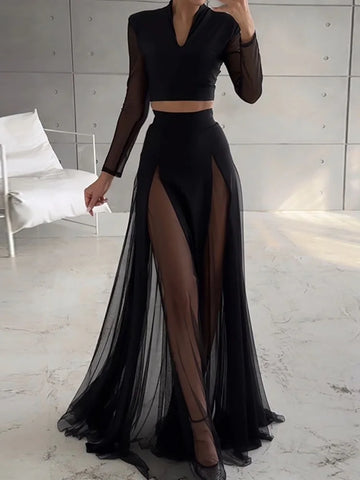 Women Spring Summer Short Top Fashion Outfit, Mesh Patchwork Simple Chic Solid Set, 2025 Maxi Skirts Elegant Sexy Ladies Suits
