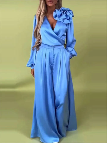 Fashionable Solid Color Casual Suit Women's Gorgeous And Elegant V-neck Long-sleeved Top Wide-leg Trousers Two-piece Set