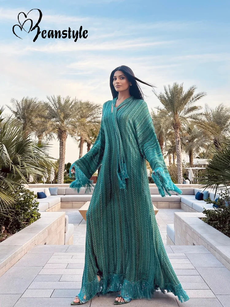 Stripe Tassel With Scarf Women Dresses Sexy Off Shoulder Female Maxi Dress 2025 Summer Fashion Party Full Sleeve Lady Vestidos