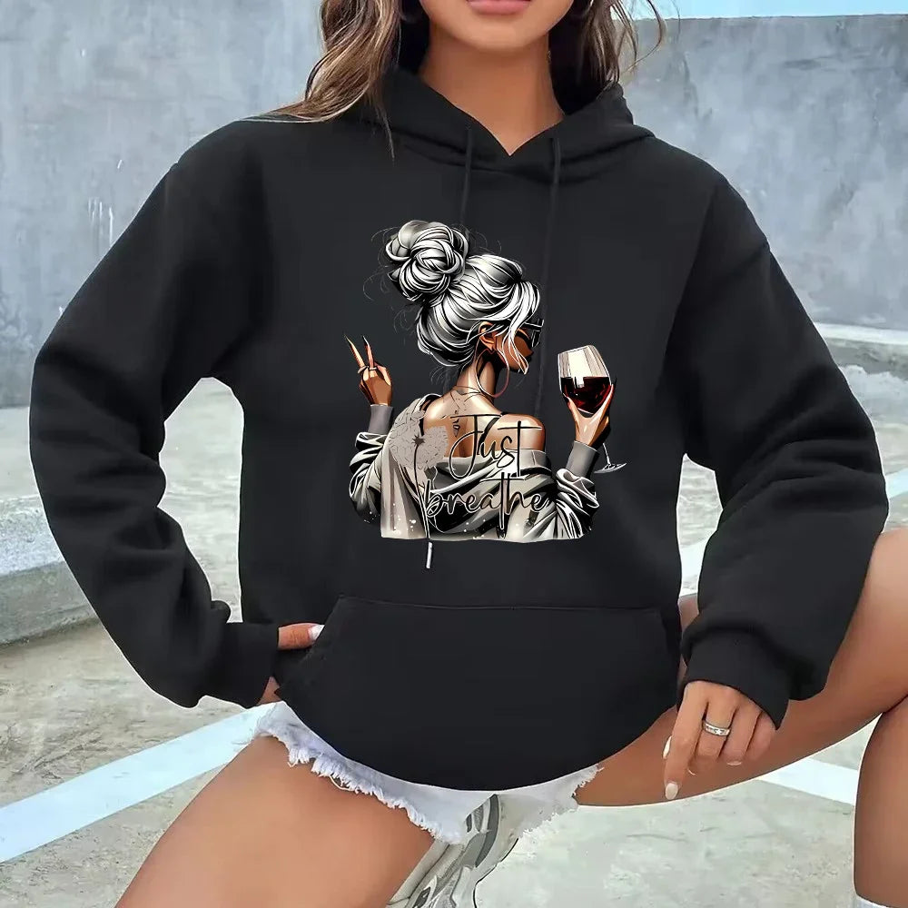 Autumn Winter Gothic Women Hoodie Streetwear Wine Drink Art Print Oversized Sweatshirt Clothing Vintage 2000s Fashion Pullovers