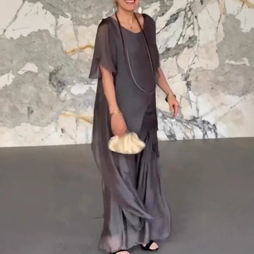 Casual Chiffon Two Piece Set Fashion Loose O-neck Petal Sleeve Irregular Split Extended Pullover High Waist Wide Leg Pants Set