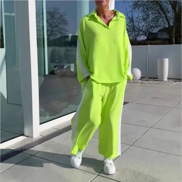 Autumn Women Contrasting Striped Lapel Long Sleeves Fashionable Casual Loose Wide-leg Pants Two-piece Set New Sports Suit For