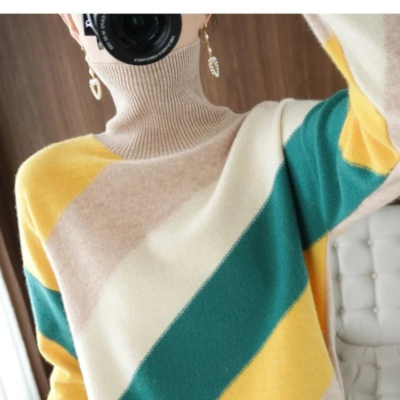Autumn and Winter Women's Contrast Color High Neck Long Sleeve Loose Knitted Sweaters Jumpers Chic Fashion Office Lady Tops