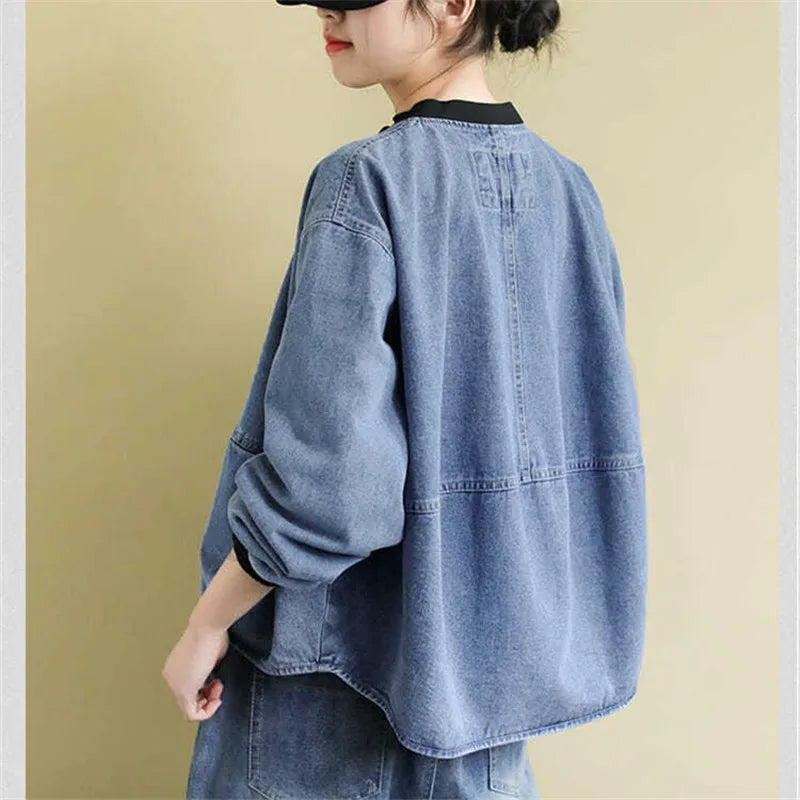 Fashion Baseball Collar Jeans Coat Women Spring New Vintage Long Sleeves Casual Short Denim Jacket Female Loose Outerwear T1478