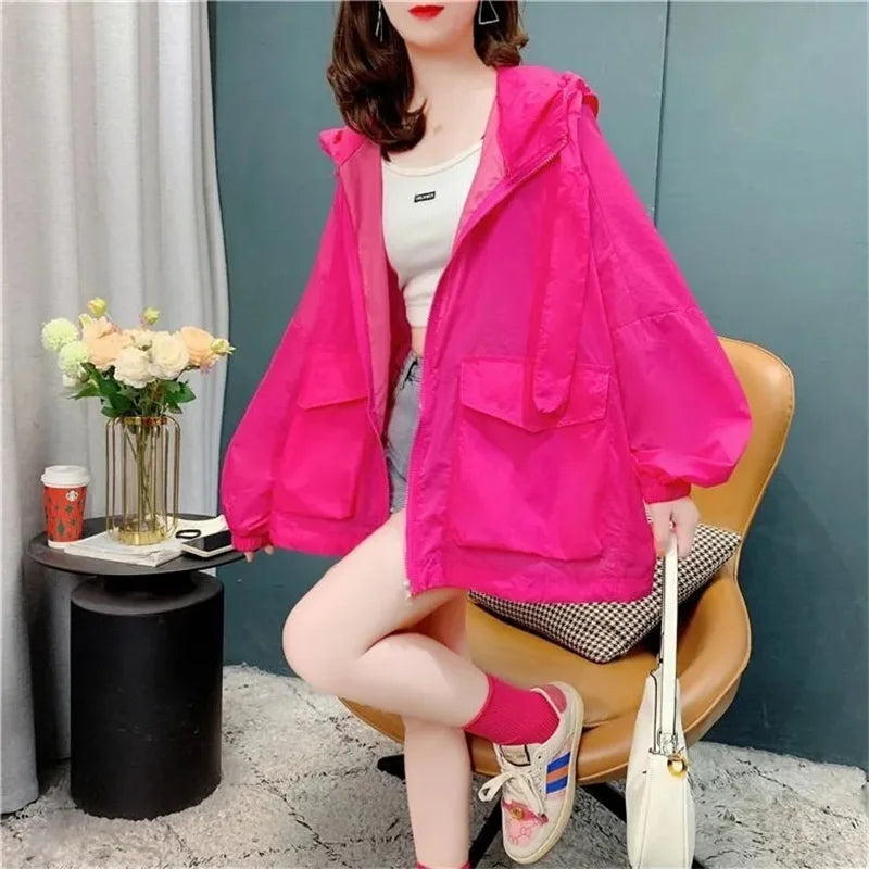 2025 New Summer Thin Jacket Women Casual Loose Zipper Windbreaker Coat Female hooded Splice print Sun Protection Clothing T130