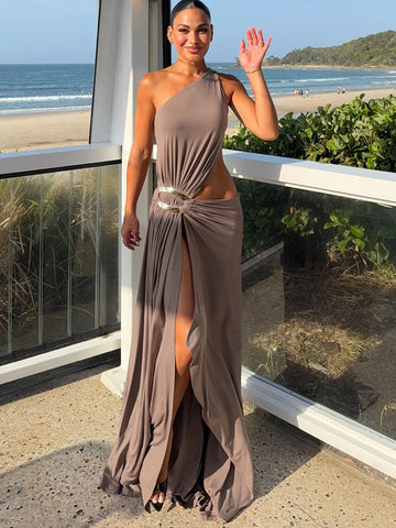 SiSterlinda Skew Collar Dress Women Hollow Metal Buckle Waistless Sleeveless High Split Elegant Stretch Classic Summer Bodycon